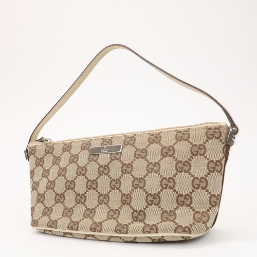 GUCCI Boat Bag GG Canvas Leather Pouch Hand Bag Beige Brown 07198 Auth Used F/S - Picture 3 of 22
