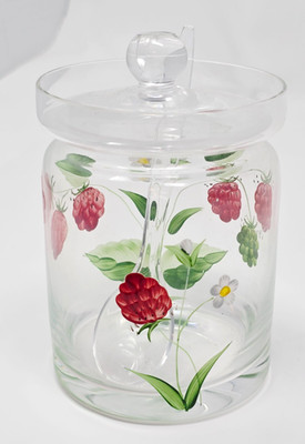 Vintage Glass Hand Painted Red Raspberry Jam Jelly Jar Lid Honey (plastic spoon)