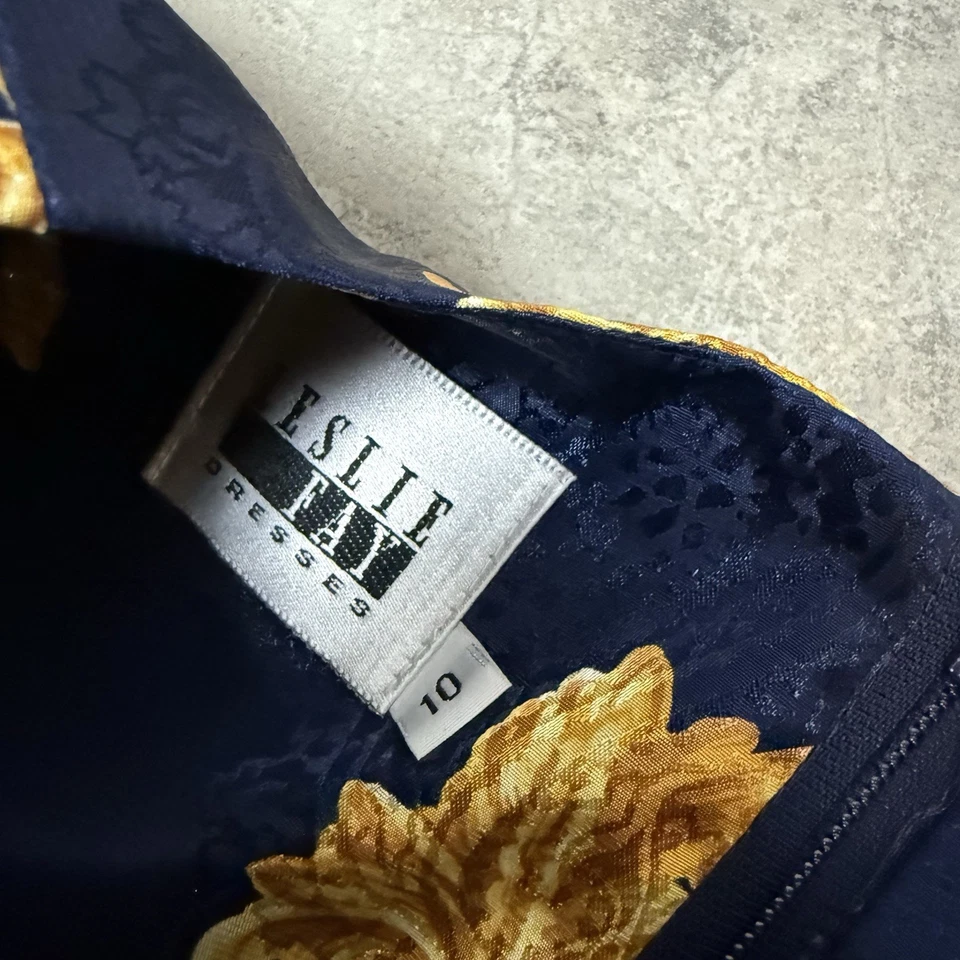 Vestido Leslie Fay Vintage Años 80 90 Barroco Dorado Paisley Azul Marino Talla 10 Plisado EE. UU. Foto 4 de 4