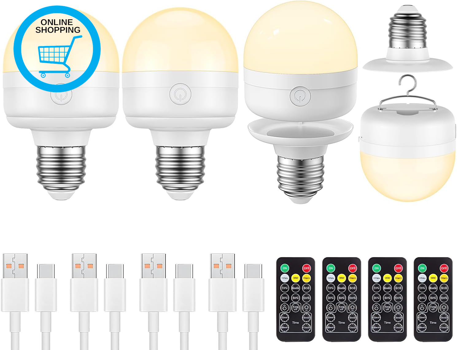 Rechargeable Light Bulb, E27 Dimmable Bulb with Hidden Hook and Remote Control,