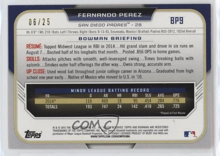 2015 Bowman Prospects Orange /25 Fernando Perez #BP9 - Image 2 of 2