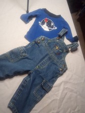 Vtg 18 Month Denim Overall Bibs Aeroplane Embroidered With Shirt