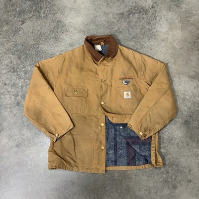 Vtg 90s Carhartt Mens Large Chore C01 Jacket Beige Blanket Lined Union USA Duck