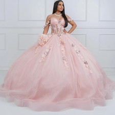 Pink Shiny Quinceanera Dresses Off The Shoulder Applique Flower Beads Tull