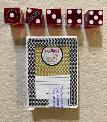 Las Vegas Palms Casino Play Boy Club playing cards and stick of dice (5 dice)