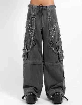 Graue Goth Cargo mit Trägern, Denim Punk Emo 2 in 1 Hose und Short mit Ketten