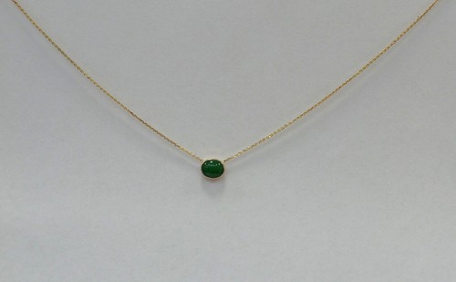 Oval Jade necklace, 6 mm by 4 mm natural green jade bezel set 14 k yellow gold - Picture 4 of 8