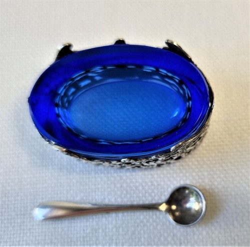 Vintage Oval Ornate Sterling Silver Salt Cellar Cobalt Blue Glass Liner 935 - Picture 7 of 10