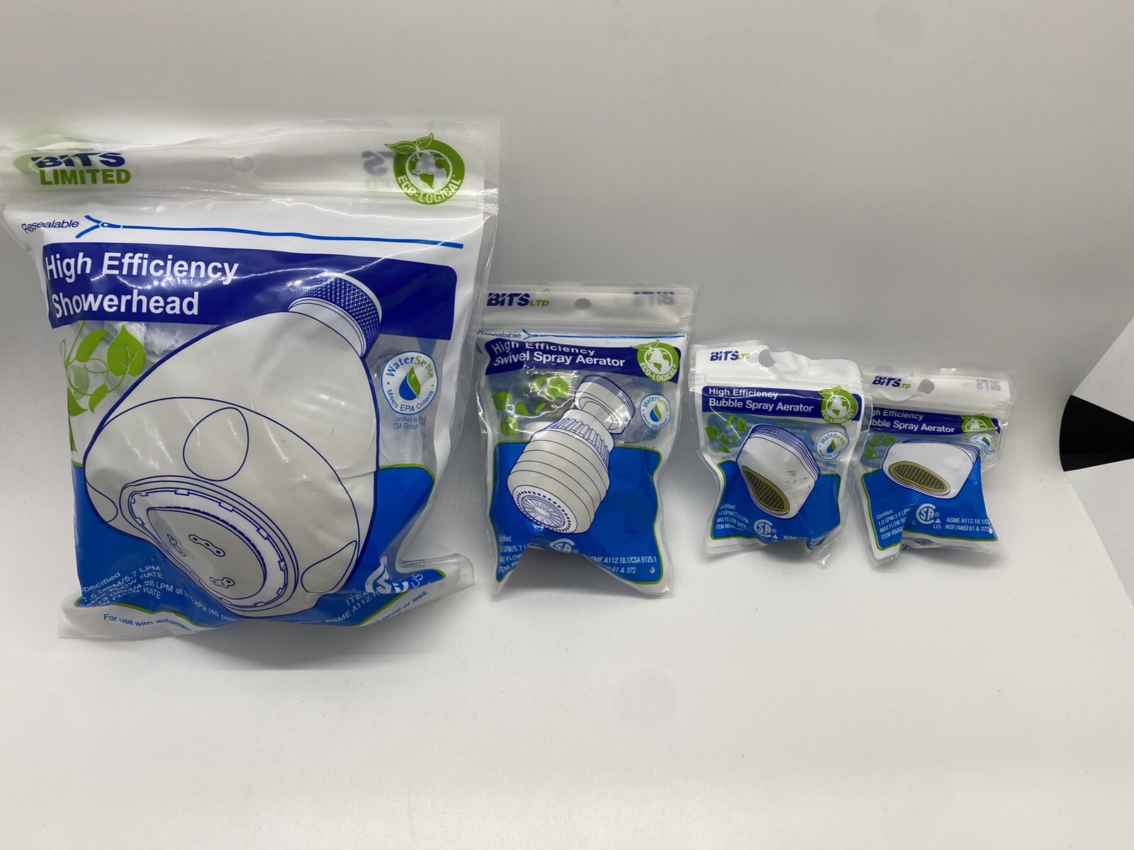 BITS Limited High Efficiency Shower Head B150-W Max Flow & 3 Spray Aerators NEW