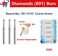 Dental Burs Diamond FG High Speed Bur Round End 801 012C, Coarse 5/pk Taper Ball