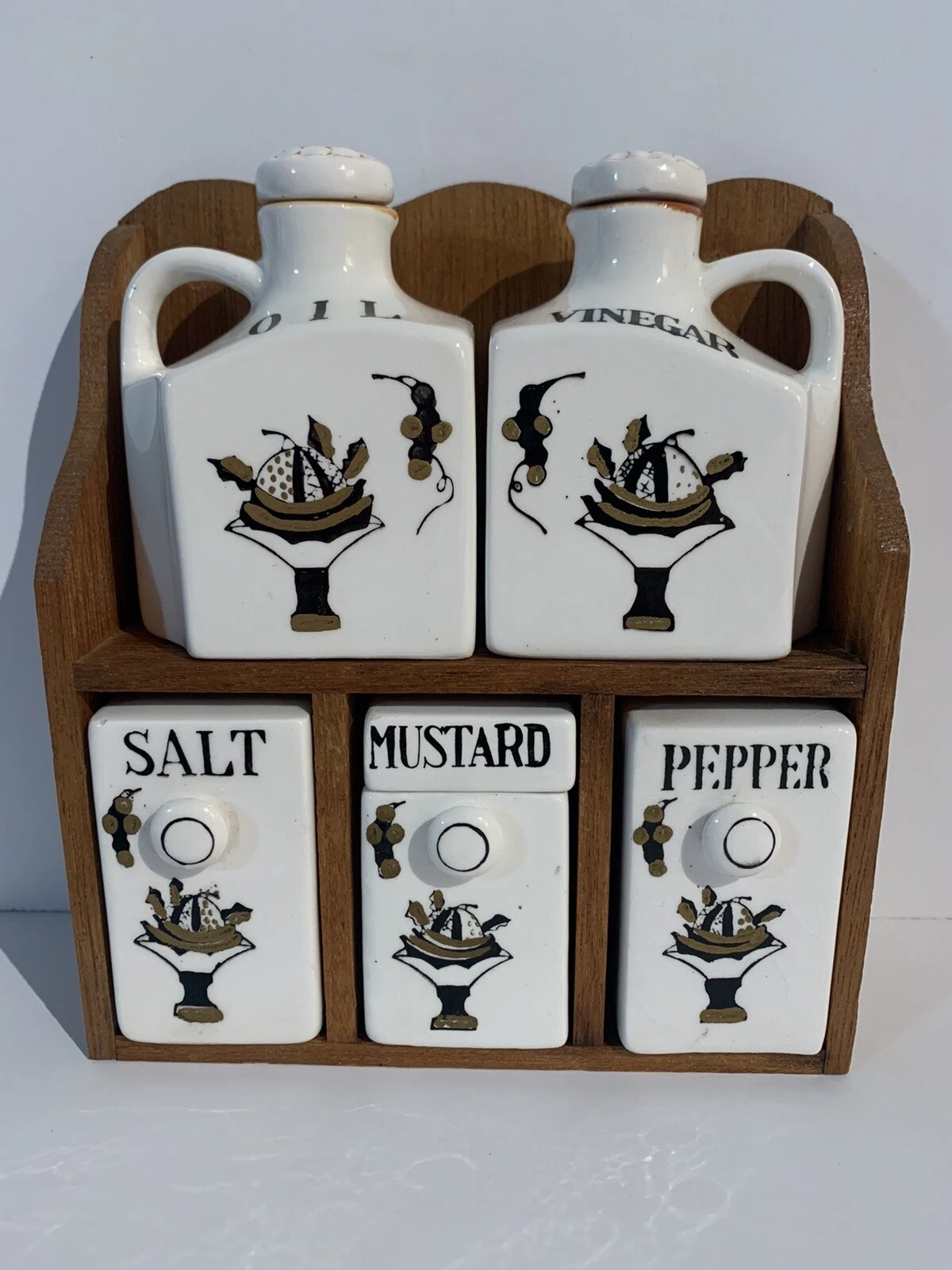 Vintage Condiments Set Oil Vinegar Salt Pepper Shaker Mustard Jar Made In Japan