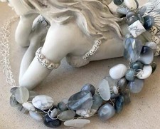 Gray Gemstones Wire Crochet Necklace and Earring Set with Genuine Sea Glass