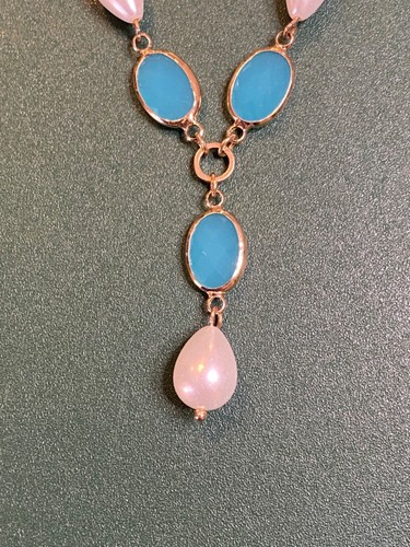 Avon Studio 1886 Aqua & Pearly Goldtone Necklace Earring Set + Bracelet 3pc NIB - Picture 15 of 19