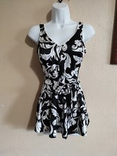 Black White Vintage 80's 1-Pc Swimsuit SZ Medium Large tie skirt Mainstream