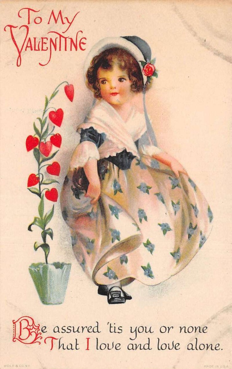 Valentine Greetings Girl with Heart Flowers Clapsaddle Wolf