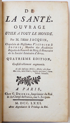De La Santé Ouvrage Utile A Tout Le Monde M. L' Abbé Jacquin Paris 1771
