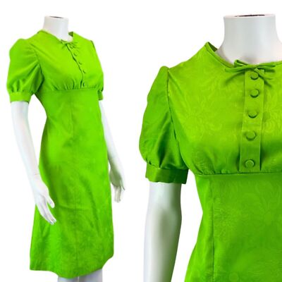 Vintage limettengrün 60er Mod Empire Blumen Damast Schleife Puffärmel Kleid 8
