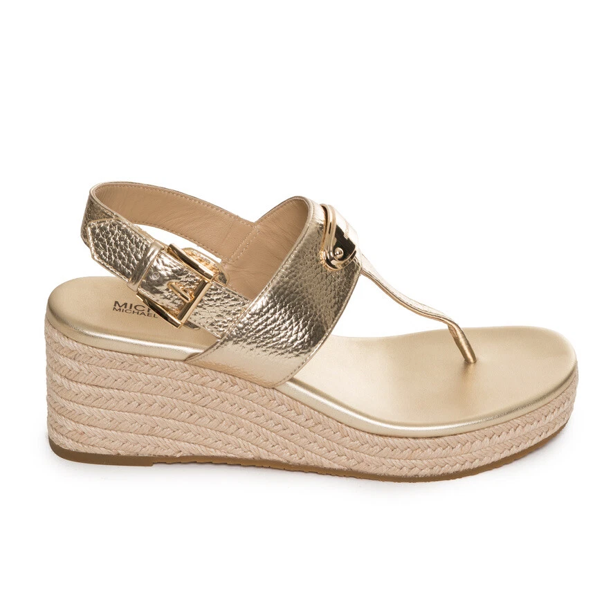 Michael Kors DARCY MID WEDGE Sandales Talon Chaussures Simili Cuir Doré Neuf Box - Photo 1/3