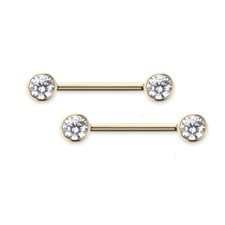 Nipple rings barbells 14 Karat Solid Gold bezel set 5mm AAA CZ stone 14 Gauge