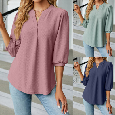 Women Tunics Tops Ladies Solid Color Blouses 3/4 Sleeve Shirts V Neck Jacquard
