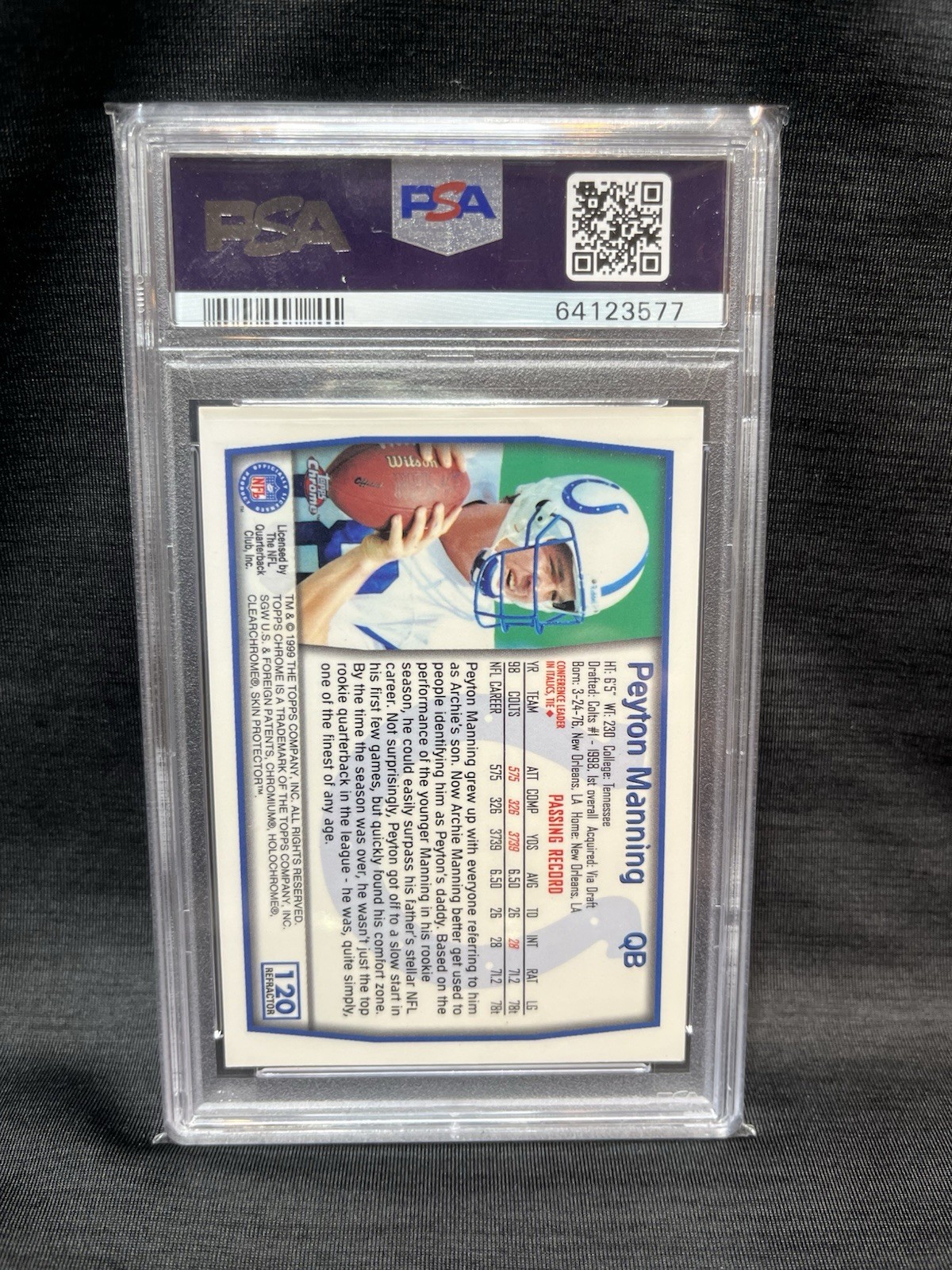 1999 Topps Chrome Refractor Peyton Manning PSA 8 2nd Year view 2