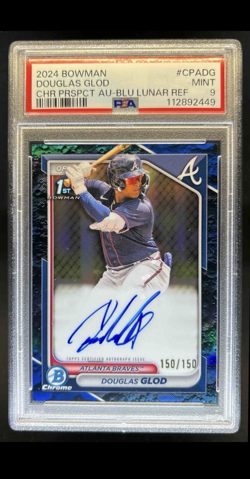 2024 Bowman Douglas Glod Chrome Auto Blue Lunar Refractor 1st #150/150 PSA 9
