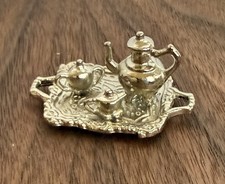 Miniature Dollhouse Silver Tray Tea Set 1:12 Dollhouse Accessories 4 Pc Cream