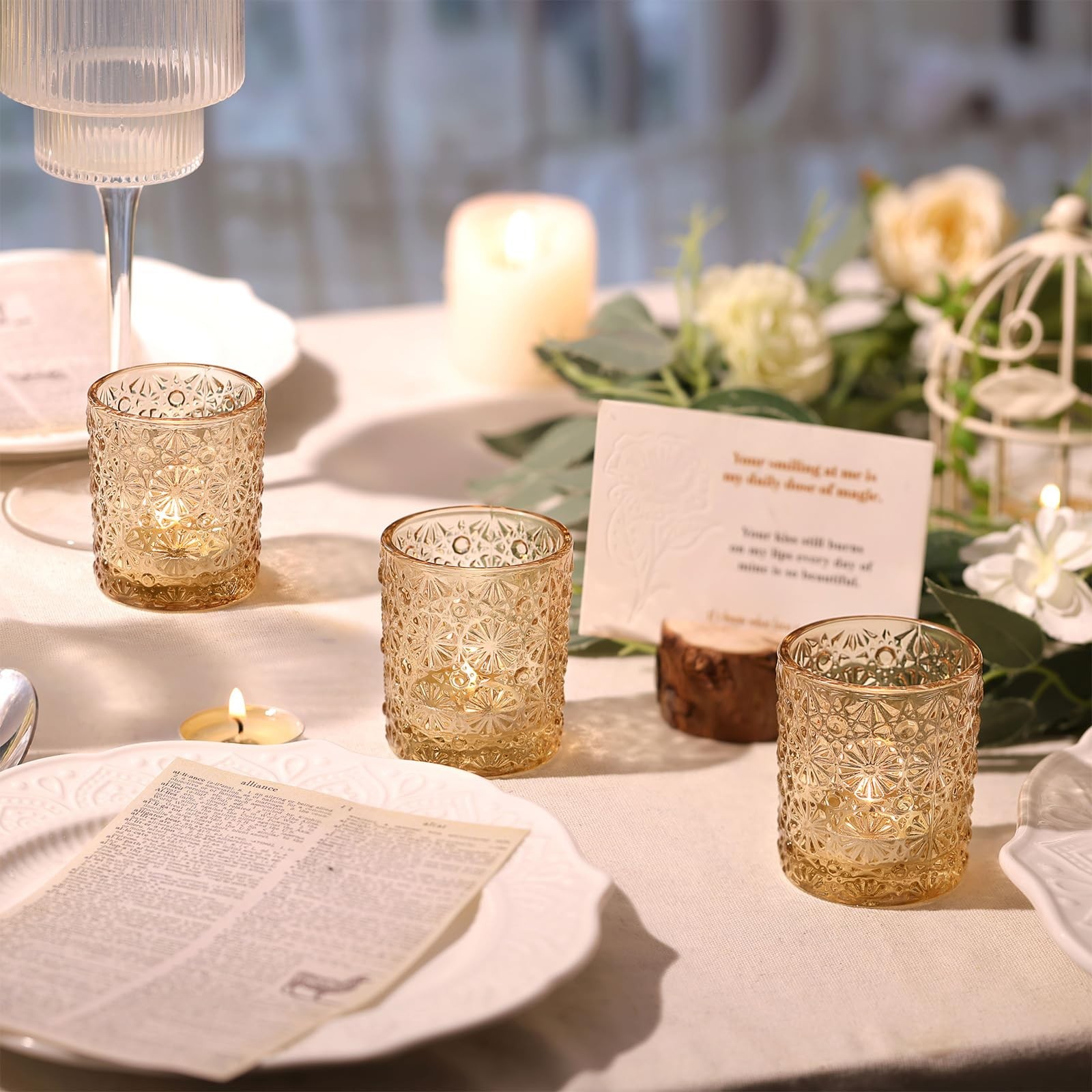 Gold Votive Candle Holder Set of 12, Flower Tea Lights Candles Holders for We...