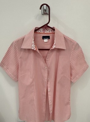 Basic Editions Women s Pink/White Striped Collared Short Sleeve Blouse S
