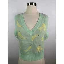 Y2K Banana Print V-neck Sleeveless Womens Knit Pullover Vest XL Junior