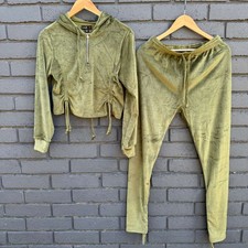 NEW Velour Track Suit Set L Crop Hoodie  Jogger Ankle Drawstring Active Pants