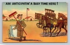 Vintage Linen Military Humor Postcard Tichnor Bros 1930s Busy Time