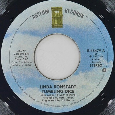 LINDA RONSTADT Tumbling Dice ASYLUM E-45479 VG+ 45 RPM 1978 Country Rock 7'' Pop