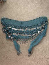 Turquoise Chiffon Belly dance Belt Or Hip Scarf w Silver Coins and Beads