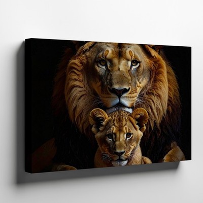 Canvas Wall Art a Dark and Dramatic Image of a Male Lion and His Cub Sitting