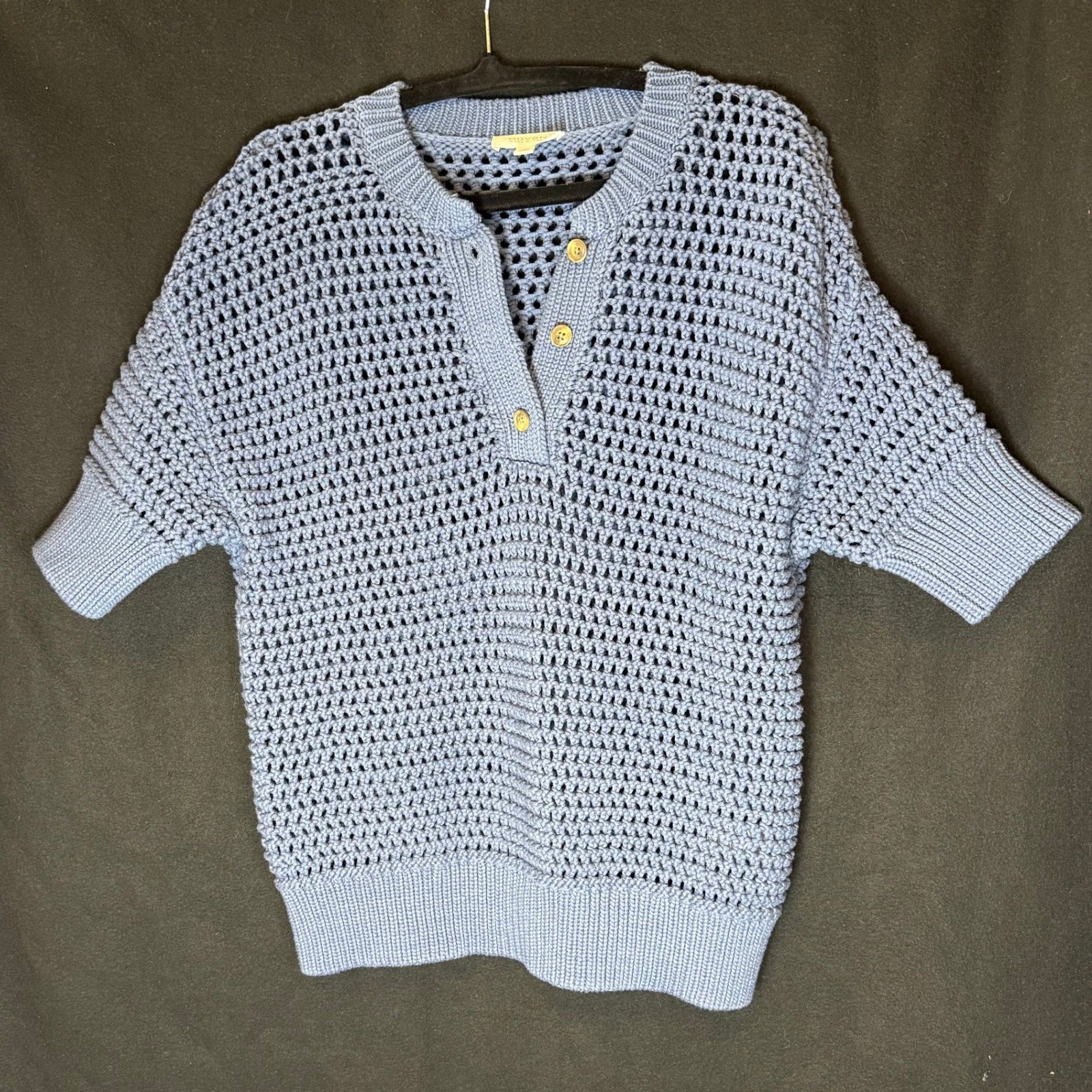 Haven Well Within Womens Blue Knit Button Short Sleeve Sweater Top