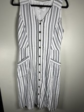 LOFT Outlet Striped Sleeveless V-Neck Button Front A-Line Dress Pockets 10