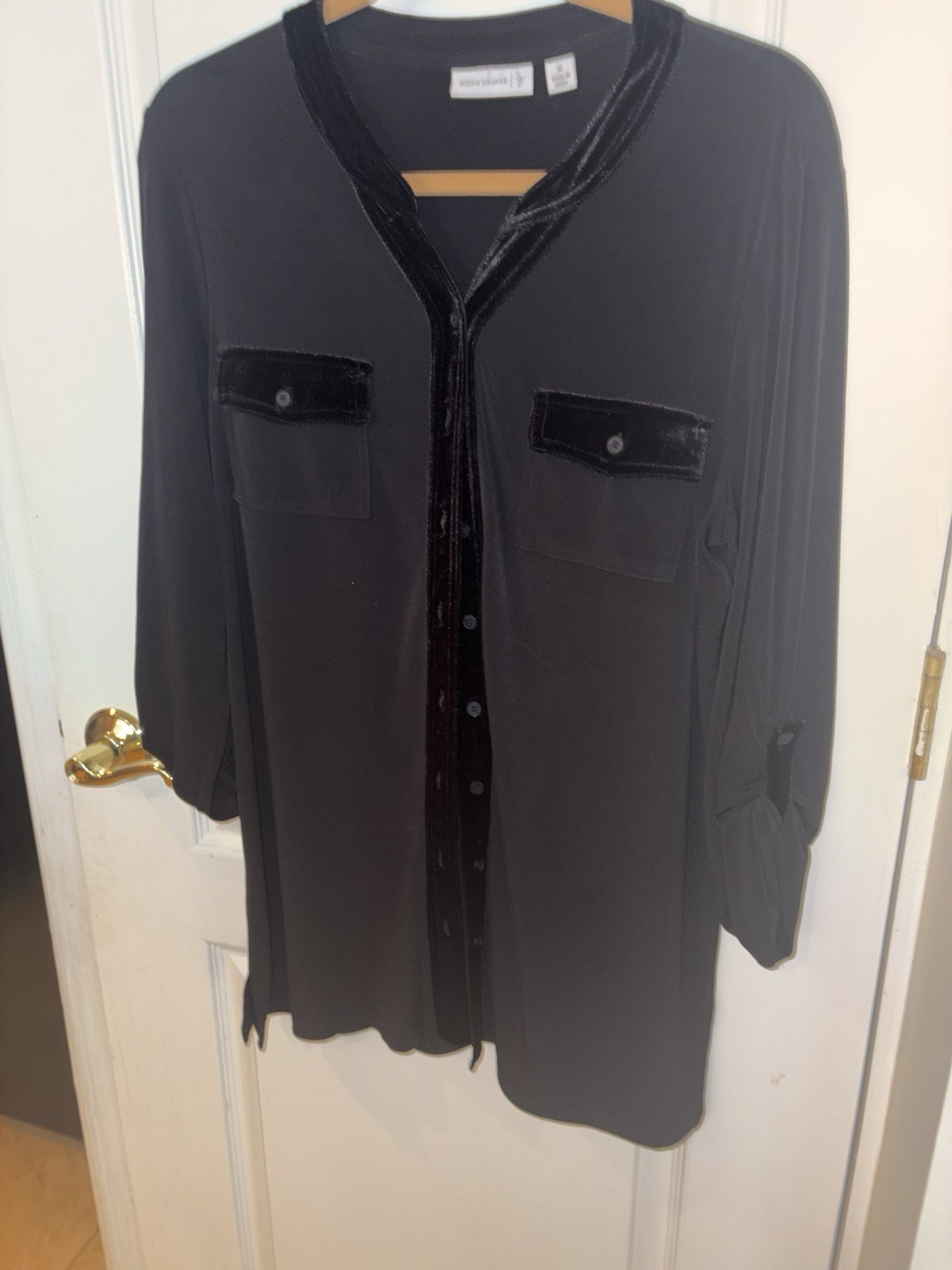Susan Graver Black Button Front Blouse Solid Long Sleeve Women's Top M