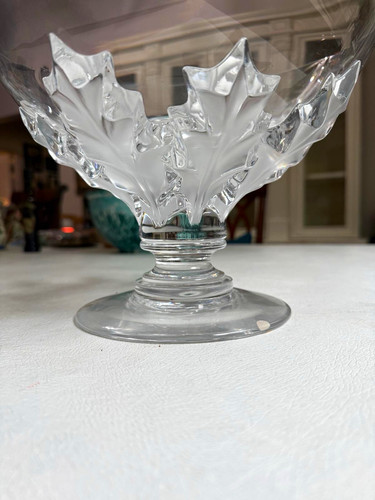 Lalique Clear Crystal Leaf Pattern Round Pedestal Compote Bowl