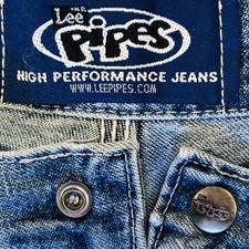 Vtg Lee Pipes 90s Logo Y2k Retro Wide Leg Flare Jeans Rivet Distress Prepy Wmn27