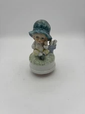 Child Boy Sitting with Birds on Hello There Sign Blue Bonnet Music Box Works