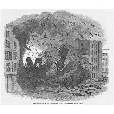 NEW YORK Dampfkessel Explosion in der Haager Straße - Antikdruck 1850