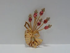 Vintage Clear And Pink Rhinestone Floral Brooch Pin Gold Tone