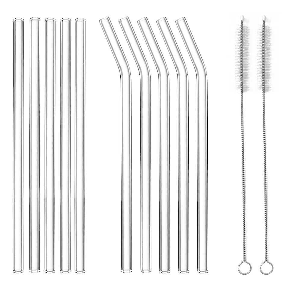 12er Set Glas Trinkhalme Strohhalme wiederverwendbare Glasstrohhalme Bürstchen