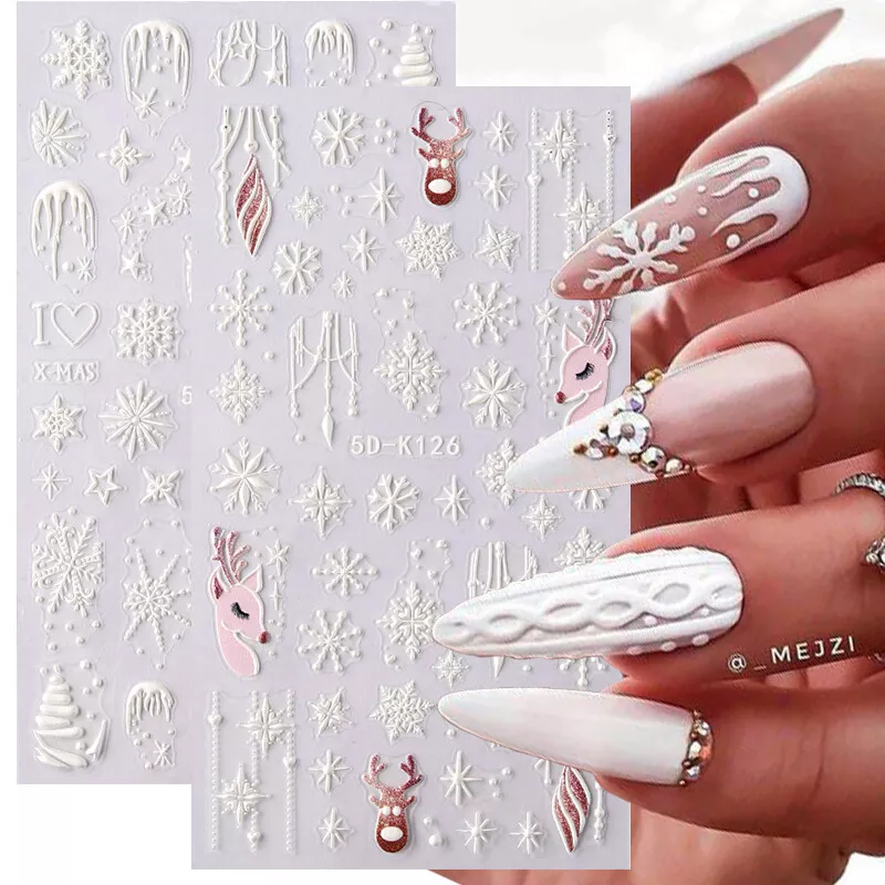 5D Engraved Christmas Snowflake Nail Stickers White Red Nails DIY  Decoration