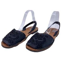 Kinamania Beaded Leather Slingback Casual Flat Sandals Black Size 40