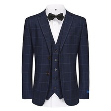 Men's 3-Piece Slim Fit Stretch Ink Blue Windowpane Plaid Suit