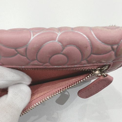 Genuine CHANEL Pink Leather Tri-fold Wallet with Camellia Flower Design - Picture 9 of 10
