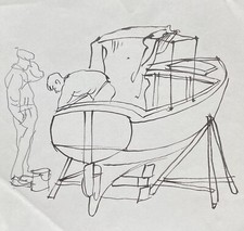 Else Floche *1930 Drawing Sketch Boat Ship Maritime Figures Shipyard Worker