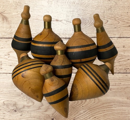 Rare Wooden Spinning Tops With Brass Handle Black Stripes Lot Of 8